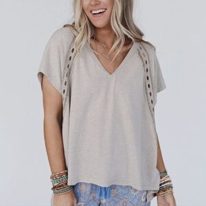 Three Bird Nest V Neck Relaxed Fir Camden Lace V neck top SMALL Camel Nwt